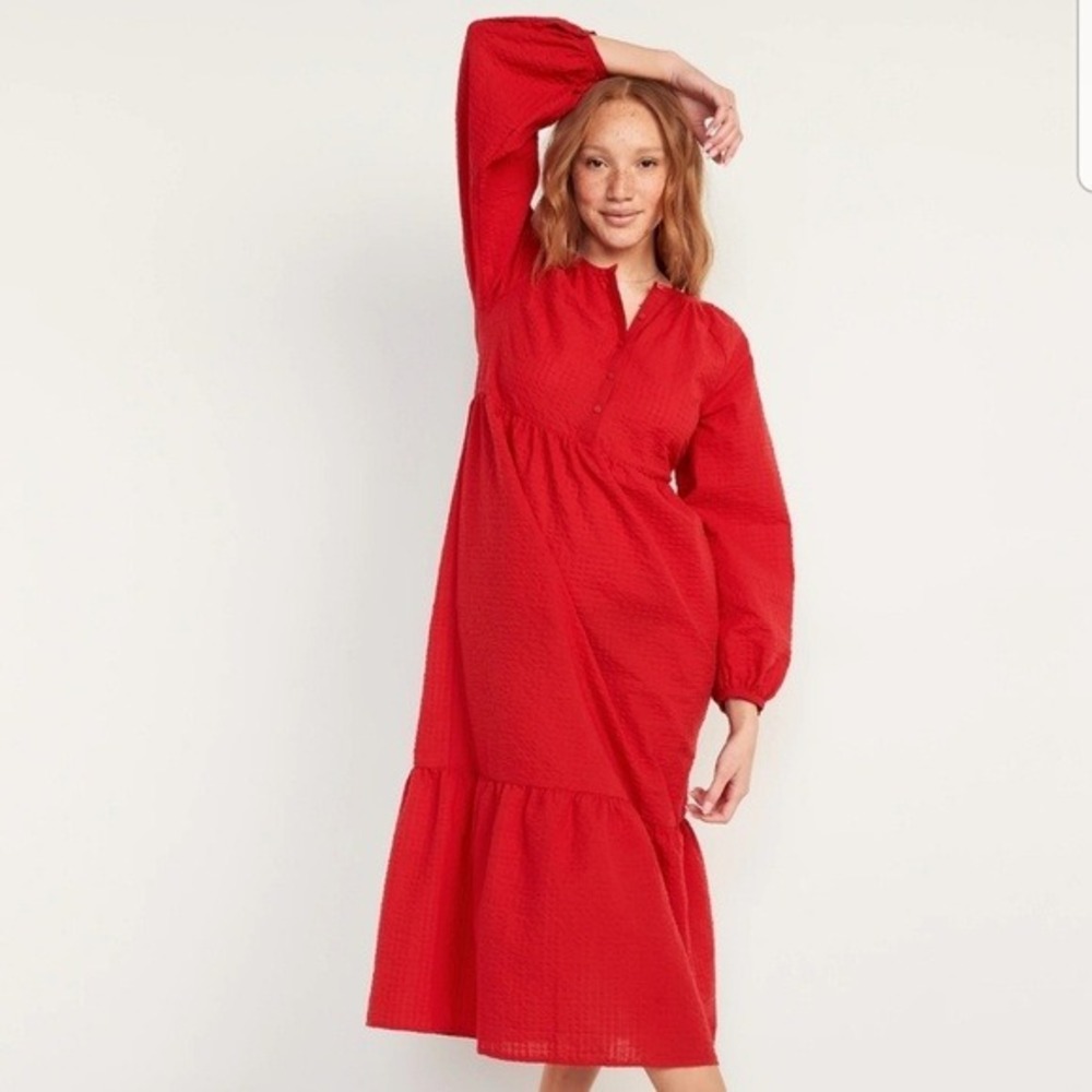 Old Navy Red Tiered Maxi Dress Long Sleeve Cotton Blend Seersucker Coastal L